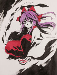 Rule 34 | 1girl, black eyes, bright pupils, closed mouth, colored skin, commentary request, hair ribbon, hakama, hakama pants, hakurei reimu, highres, japanese clothes, kaigen 1025, kimono, long hair, long sleeves, looking at viewer, marker (medium), pants, purple hair, red pants, red ribbon, ribbon, shide, solo, squatting, touhou, touhou (pc-98), traditional media, v-shaped eyebrows, white pupils, white skin