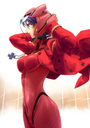 Rule 34 | 1girl, artist request, breasts, curvy, female focus, from side, frown, helmet, highres, jewelry, katsuragi misato, large breasts, looking away, necklace, neon genesis evangelion, plugsuit, purple hair, rebuild of evangelion, shiny clothes, shiny skin, simple background, solo, upper body, white background