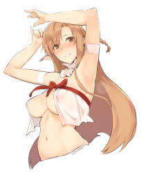 Rule 34 | 1girl, arm strap, armpits, arms up, artist name, asuna (sao-alo), braid, breasts, brown eyes, brown hair, cleavage, covered erect nipples, crop top, cropped torso, highres, kurowa, large breasts, long hair, looking at viewer, navel, parted lips, pinky out, pointy ears, see-through, side braid, simple background, smile, solo, sweat, sword art online, underboob, white background