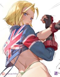 Rule 34 | 1girl, arttoru, ass, blonde hair, blue eyes, cammy white, collared jacket, fingerless gloves, from behind, gloves, highres, jacket, lips, long sleeves, scar, scar on face, short hair, street fighter, street fighter 6, thong, union jack