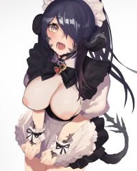Rule 34 | 1girl, absurdres, apron, au ra, black bow, black bowtie, black hair, blue hair, blush, bow, bowtie, breasts, breasts out, brooch, buttons, collared shirt, commission, cowboy shot, cyobiro, dragon girl, dragon horns, dragon tail, final fantasy, final fantasy xiv, from above, grey background, hair over one eye, heart, heart brooch, highres, horns, inverted nipples, jewelry, large breasts, long hair, looking at viewer, looking up, maid, maid apron, maid headdress, multicolored hair, one eye covered, open clothes, open shirt, ponytail, puffy nipples, puffy short sleeves, puffy sleeves, scales, shirt, short sleeves, sidelocks, simple background, skeb commission, solo, standing, swept bangs, tail, two-tone hair, warrior of light (ff14), wrist cuffs, yellow eyes