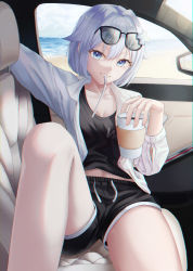 Rule 34 | 1girl, absurdres, beach, black shorts, black tank top, blue eyes, car interior, cat, chromatic aberration, coffee cup, collarbone, collared shirt, cup, day, disposable cup, dos (ehgns007kr), drawstring, drinking straw, eyewear on head, gosegu, grey hair, grin, hair between eyes, hair flaps, hair ornament, highres, leg up, light rays, looking at viewer, mouth hold, ocean, open clothes, open shirt, shirt, short hair, shorts, sitting, smile, solo, sunglasses, tank top, teeth hold, virtual youtuber, waktaverse, white shirt