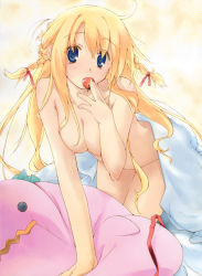 Rule 34 | 1girl, all fours, bed sheet, blonde hair, blue eyes, braid, breasts, completely nude, eating, food, fruit, kokonoka, large breasts, long hair, messy hair, naked sheet, nipples, non-web source, nude, ouka (game), pillow, ribbon, solo, sorune, strawberry, twin braids, under covers