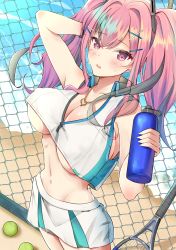 Rule 34 | 1girl, absurdres, arm behind head, azur lane, ball, bare shoulders, beach, blush, bottle, breasts, bremerton (azur lane), bremerton (scorching-hot training) (azur lane), chain-link fence, cleavage, collarbone, collared shirt, commentary request, covered erect nipples, cowboy shot, crop top, crop top overhang, day, fence, from above, glint, green skirt, grey hair, groin, hair between eyes, hair intakes, hair ornament, hairclip, hand in own hair, heart, heart necklace, highres, holding, holding bottle, jakkaroupu, jewelry, large breasts, long hair, looking at viewer, midriff, mole, mole under eye, multicolored hair, navel, necklace, ocean, parted lips, pink eyes, pink hair, racket, sand, shadow, shirt, sidelocks, skirt, sleeveless, sleeveless shirt, solo, sportswear, standing, streaked hair, sweat, tennis ball, tennis racket, tennis uniform, twintails, two-tone hair, two-tone shirt, two-tone skirt, water bottle, white shirt, white skirt, x hair ornament