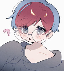Rule 34 | 1girl, :o, ?, blue hair, blush, collarbone, commentary request, creatures (company), eyelashes, game freak, glasses, grey eyes, hood, hoodie, multicolored hair, nekojiri, nintendo, open mouth, penny (pokemon), pokemon, pokemon sv, red hair, round eyewear, simple background, sleeves past fingers, sleeves past wrists, solo, two-tone hair, upper body