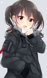 Rule 34 | 1girl, :o, belt, black jacket, blush, brown eyes, brown hair, commentary request, drawstring, grey background, hand in pocket, hand up, highres, hood, hood down, hooded jacket, idolmaster, idolmaster cinderella girls, jacket, long hair, long sleeves, looking at viewer, maccha, mask, mask pull, mole, mole under eye, mouth mask, open mouth, sharp teeth, sidelocks, simple background, sleeves past wrists, solo, sunazuka akira, surgical mask, teeth, twintails, upper body