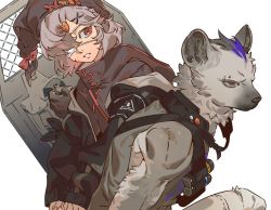 Rule 34 | 1boy, 1girl, animal ears, arknights, arm ribbon, armband, ballistic shield, bandage over one eye, bandolier, black coat, black collar, blood, bow, carrying over shoulder, cast, coat, collar, earrings, emblem, eyebrow piercing, fingernails, furry, furry male, grey eyes, grey hair, grey jacket, hair ornament, hair over one eye, hat, hat bow, high collar, highres, hood, hood down, hooded jacket, injury, jacket, jewelry, layered clothes, looking at another, mgong520, multicolored clothes, multicolored jacket, parted lips, piercing, popukar (arknights), rabbit hair ornament, red bow, red pupils, ribbon, riot shield, shield, short hair, simple background, sleeveless, spot (arknights), stud earrings, swept bangs, toned, upper body, white background, x hair ornament