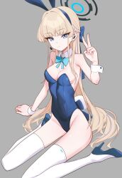 Rule 34 | 1girl, absurdres, animal ears, aruruaaaa, black halo, blonde hair, blue archive, blue bow, blue bowtie, blue eyes, blue footwear, blue halo, blue leotard, blue ribbon, bow, bowtie, braid, breasts, cleavage, closed mouth, collar, commentary request, covered navel, cropped legs, detached collar, earpiece, earrings, fake animal ears, fake tail, french braid, grey background, hair bow, hair intakes, hair ribbon, halo, hand up, high heels, highleg, highleg leotard, highres, jewelry, leotard, long hair, looking at viewer, medium breasts, official alternate costume, official alternate hairstyle, playboy bunny, rabbit ears, rabbit tail, ribbon, sitting, solo, strapless, strapless leotard, stud earrings, tail, thighhighs, toki (blue archive), toki (bunny) (blue archive), v, very long hair, wariza, white collar, white thighhighs, white wrist cuffs, wrist cuffs