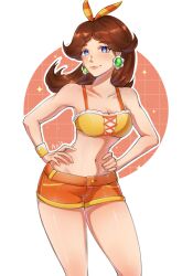 Rule 34 | 1girl, adapted costume, axis williams, blue eyes, breasts, brown hair, cleavage, earrings, flower earrings, hands on own hips, highres, jewelry, legs, looking at viewer, mario (series), mario kart, mario kart tour, medium breasts, midriff, navel, nintendo, princess daisy, short shorts, shorts, solo