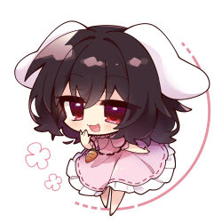 Rule 34 | 1girl, absurdres, animal ears, barefoot, black hair, blush, carrot necklace, chibi, dress, frilled dress, frills, full body, hair between eyes, highres, inaba tewi, jewelry, misosiru 0224, necklace, open mouth, pink dress, rabbit ears, red eyes, short hair, short sleeves, simple background, smile, solo, touhou, white background