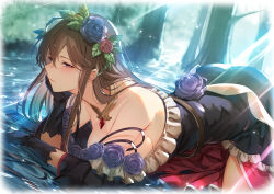 Rule 34 | 1girl, absurdres, black dress, black flower, black gloves, black rose, breasts, brown hair, closed mouth, day, dress, flower, frilled dress, frills, gloves, granblue fantasy, hair ornament, head wreath, highres, jewelry, kakage, large breasts, long hair, looking at viewer, necklace, outdoors, purple eyes, purple flower, purple rose, red flower, red rose, rose, rosetta (granblue fantasy), solo, sunlight, thorns, very long hair, water