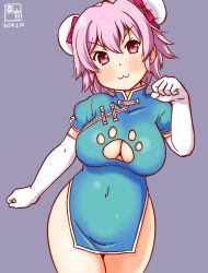 Rule 34 | 1girl, aqua dress, artist logo, blush, breasts, china dress, chinese clothes, covered navel, cowboy shot, dated, double bun, dress, elbow gloves, gloves, hair bun, kanon (kurogane knights), kantai collection, looking at viewer, medium breasts, one-hour drawing challenge, paw cutout, pink hair, purple background, red eyes, short hair, short sleeves, smile, tama (kancolle), white gloves