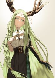 Rule 34 | 1girl, absurdres, amulet, antlers, arm at side, belt, black gloves, black skirt, braid, brooch, buttons, chest belt, collared shirt, cowboy shot, dress shirt, elbow gloves, expressionless, forehead, gloves, gradient background, green eyes, green hair, hand on own chest, hand up, high-waist skirt, highres, horns, jewelry, long hair, looking at viewer, original, parted bangs, parted lips, ring, shirt, shirt tucked in, simple background, single braid, single elbow glove, skirt, solo, standing, umeboshi (ume uru), very long hair, white shirt
