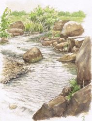 Rule 34 | nature, painting (medium), rock, scenery, stream, traditional media, tsubuyan, water, watercolor (medium)