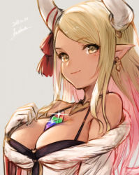 Rule 34 | 1girl, bad id, bad pixiv id, bare shoulders, blonde hair, blush, breasts, brown eyes, cleavage, closed mouth, earrings, gem, glint, gloves, granblue fantasy, grey background, halterneck, hand up, horn ornament, horn ribbon, horns, jewelry, koretsuki azuma, kumbhira (granblue fantasy), large breasts, long hair, looking at viewer, off shoulder, pointy ears, red ribbon, ribbon, shirt, sidelocks, simple background, sketch, smile, solo, swept bangs, upper body, white gloves, white shirt