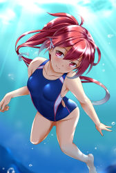 Rule 34 | 1girl, air bubble, alternate costume, barefoot, blue one-piece swimsuit, breasts, bubble, collarbone, commission, competition swimsuit, day, diving, hair between eyes, hair ribbon, highres, i-168 (kancolle), kantai collection, looking at viewer, ocean, one-piece swimsuit, pink hair, ponytail, red eyes, red hair, ribbon, skeb commission, small breasts, solo, sunlight, swimming, swimsuit, tri tails, tsuchimiya, underwater, water