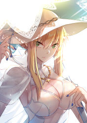 Rule 34 | 1girl, absurdres, artoria pendragon (all), artoria pendragon (fate), artoria pendragon (lancer) (fate), artoria pendragon (swimsuit ruler) (fate), artoria pendragon (swimsuit ruler) (second ascension) (fate), blue nails, braid, breasts, character request, cleavage, cleavage cutout, clothing cutout, dress, fate/grand order, fate (series), frown, green eyes, highres, jewelry, kotatsu kaya, large breasts, long hair, nail polish, necklace, simple background, solo, white background, white dress, white headwear