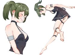 Rule 34 | 1girl, absurdres, alternate hairstyle, arm strap, armlet, ass, babywipes, barefoot, black choker, black dress, choker, closed eyes, commentary, cropped torso, dress, english commentary, feet, full body, green hair, half-closed eyes, high ponytail, highres, multiple views, pleated dress, purple eyes, simple background, smile, soles, sousou no frieren, thigh strap, thighs, ubel (sousou no frieren), white background