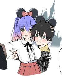Rule 34 | &gt;:), 1boy, 1girl, alternate costume, animal ears, black hair, black ribbon, blue hair, blush, bow, breasts, closed mouth, commentary, couple, cowboy shot, disneyland, ears visible through hair, fake animal ears, flower, gradient hair, green eyes, hair between eyes, hair bow, hair flower, hair ornament, hand on another&#039;s head, happy, heads together, hetero, highres, hug, kohibari kurumi, large breasts, long sleeves, looking at viewer, mouse ears, multicolored hair, neck ribbon, parted lips, pink flower, pink hair, pleated skirt, polka dot, polka dot bow, red bow, red skirt, ribbon, selfie, shirt, short hair, simple background, sketch, skirt, smile, spiked hair, tanikaze riku, tenshi souzou re-boot!, tft (tft7822), tsurime, twintails, v, v-shaped eyebrows, white background, white shirt, yellow eyes