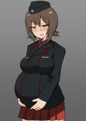 Rule 34 | 1girl, blush, brown eyes, brown hair, dress shirt, garrison cap, girls und panzer, hand on own stomach, hat, highres, jewelry, kuromorimine military uniform, looking at viewer, miniskirt, naughty face, ngc20701, nishizumi maho, open mouth, pregnant, ring, shirt, short hair, skirt, solo