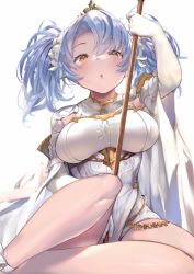 Rule 34 | 1girl, blue hair, breasts, brown eyes, elbow gloves, gloves, granblue fantasy, hair ornament, holding, holding staff, large breasts, legs, long hair, looking at viewer, open mouth, p answer, solo, sophia (granblue fantasy), staff, standing, twintails, white gloves