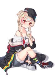Rule 34 | 1girl, alternate costume, baseball cap, casual, cup, disposable cup, dog tags, drinking, drinking straw, fuyukin chiba, girls&#039; frontline, hat, streaked hair, highres, jacket, m4 sopmod ii (girls&#039; frontline), multicolored hair, pink hair, platinum blonde hair, red eyes, shoes, shorts, sitting, sneakers, socks, two-tone hair