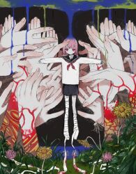 Rule 34 | 1girl, bandaged leg, bandages, black sailor collar, black skirt, blood, bloody bandages, bob cut, brutal complex, brutal vap, dandelion, disembodied hand, dripping, floating, flower, grass, hand gesture, highres, neckerchief, no mouth, outstretched arms, pink hair, plant, pleated skirt, red eyes, red neckerchief, reflection, reflective water, sailor collar, school uniform, serafuku, shirt, short hair, skirt, sleeves past wrists, solo focus, spread arms, surreal, too many hands, white shirt, wide shot, yellow flower
