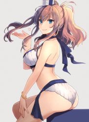 Rule 34 | 1girl, adapted costume, bikini, blue eyes, bracelet, breasts, brown hair, closed mouth, grey background, hair between eyes, heart, highres, jewelry, kantai collection, kasumi (skchkko), large breasts, long hair, saratoga (kancolle), side ponytail, simple background, smile, solo, swimsuit, white bikini