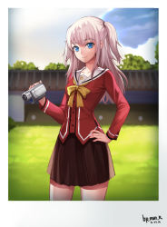 Rule 34 | 10s, 1girl, blue eyes, camcorder, charlotte (anime), cowboy shot, dated, hand on own hip, long hair, school uniform, serafuku, silver hair, skirt, sl86, smile, solo, tomori nao, two side up, video camera