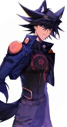 Rule 34 | 1boy, adapted costume, animal ears, belt, black hair, black pants, black vest, blue eyes, blue jacket, commentary, cropped jacket, facial mark, facial tattoo, fudo yusei, high collar, highres, jacket, male focus, multicolored hair, naoki (2rzmcaizerails6), open clothes, open jacket, outstretched arm, pants, serious, short hair, shoulder pads, simple background, solo, spiked hair, standing, streaked hair, symbol-only commentary, tail, tattoo, turtleneck, upper body, vest, white background, wolf boy, wolf ears, wolf tail, yu-gi-oh!, yu-gi-oh! 5d&#039;s
