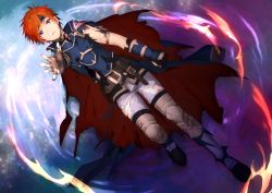 Rule 34 | 1boy, black gloves, blood, blood on face, blue eyes, cape, fire emblem, fire emblem: the binding blade, from above, gloves, hair between eyes, looking at viewer, looking up, male focus, nintendo, open mouth, orange hair, pants, red cape, roy (fire emblem), shoochiku bai, short hair, solo, torn clothes, torn gloves, white pants