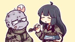 Rule 34 | 1boy, 1girl, :t, ahoge, bandaid, bandaid on face, black hair, bowl, breasts, brown jacket, brown vest, closed eyes, collared shirt, colored skin, commentary request, crossed bandaids, employee (project moon), forsaken murderer, hatake shimeji, head bump, jacket, lobotomy corporation, long hair, long sleeves, medium breasts, necktie, no nose, open mouth, outline, pet bowl, project moon, purple skin, red necktie, shirt, simple background, straitjacket, teardrop, translation request, vest, white outline, white shirt, yellow background