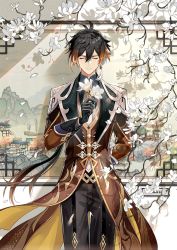 Rule 34 | 1boy, architecture, arm behind back, black gloves, black hair, branch, building, closed eyes, closed mouth, commentary request, earrings, east asian architecture, eyeliner, eyeshadow, facing viewer, flower, formal, genshin impact, gloves, gradient hair, hair between eyes, highres, holding, holding flower, jacket, jewelry, light particles, long hair, long sleeves, makeup, male focus, mountain, multicolored hair, necktie, orange hair, painting (object), petals, ponytail, qing, red eyeshadow, single earring, smile, solo, standing, suit, tassel, tassel earrings, white flower, zhongli (genshin impact)