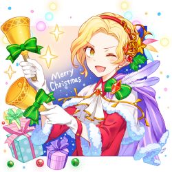 Rule 34 | 1boy, alternate costume, artist name, bad id, bad pixiv id, bell, blonde hair, bow, box, christmas ornaments, feathers, fire emblem, fire emblem: the binding blade, fire emblem heroes, fur trim, gem, gift, gift box, gloves, hairband, leaf, male focus, merry christmas, nacien, nintendo, one eye closed, open mouth, ringozaka mariko, simple background, solo, sparkle, upper body, white background, yellow eyes