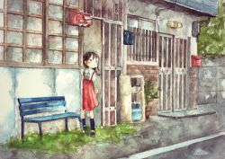 Rule 34 | 1girl, :o, absurdres, bench, black hair, blush, child, chyoma, commentary, door, graphite (medium), highres, house, long hair, mailbox, original, painting (medium), plant, potted plant, road, scenery, skirt, sliding doors, solo, street, suspender skirt, suspenders, traditional media, tree, wall, watercolor (medium)