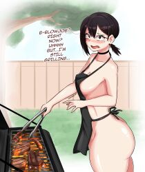 Rule 34 | 1girl, absurdres, apron, ass, bare shoulders, black apron, black eyes, black hair, blue sky, blush, breasts, chainsaw man, constricted pupils, cooking, cowboy shot, darboo, day, fence, from side, gradient background, grass, grill, grilling, higashiyama kobeni, highres, looking at viewer, medium breasts, naked apron, open mouth, outdoors, public indecency, shiny skin, short hair, short ponytail, sky, solo, standing, tree, wooden fence