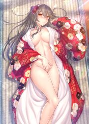 Rule 34 | 1girl, absurdres, black hair, blush, breasts, feet out of frame, floral print, groin, hair between eyes, hair ornament, hairband, hairclip, haruna (kancolle), highres, japanese clothes, kantai collection, kimono, large breasts, long sleeves, looking at viewer, navel, open mouth, print kimono, red kimono, ryu-akt, signature, solo, tatami, white hairband, wide sleeves, yellow eyes