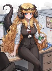 Rule 34 | 1girl, amulet, bag, black vest, blonde hair, blue eyes, blush, breasts, buttons, chair, coffee cup, collared shirt, commentary request, commission, crown of thorns, cup, curled tail, disposable cup, feet out of frame, fingernails, highres, horns, id card, indoors, jewelry, kokukyukeo, large breasts, long hair, looking to the side, monitor, necklace, office lady, original, pants, satchel, shirt, sitting, sitting on table, smile, solo, striped clothes, striped vest, tail, vertical-striped clothes, vertical-striped vest, very long hair, vest, wavy hair, white shirt