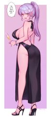 Rule 34 | 1girl, absurdres, assault rifle, backless dress, backless outfit, black dress, blush, breasts, champagne flute, cup, dress, drinking glass, earrings, eonsang, facial mark, feet, female focus, from behind, full body, girls&#039; frontline, glint, green eyes, grey hair, gun, hair ornament, high heels, highres, hk416 (girls&#039; frontline), holding, holding cup, jewelry, large breasts, legs, long hair, looking at viewer, nail polish, no panties, open mouth, ponytail, rifle, sandals, see-through, see-through dress, solo, sparkle, standing, stiletto heels, strappy heels, toenail polish, toenails, toes, translation request, weapon