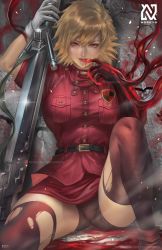 Rule 34 | anti-materiel rifle, belt, blonde hair, blood, cannon, gloves, gun, hellsing, hellsing 30mm anti-tank cannon harkonnen, licking, looking at viewer, monster girl, nopeys, police, police uniform, red eyes, rifle, seras victoria, short hair, short shorts, shorts, sitting, sniper rifle, solo, thighhighs, torn clothes, uniform, vampire, weapon, white gloves