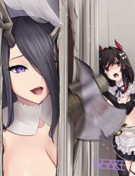 Rule 34 | 2girls, antlers, apron, asymmetrical horns, axe, azur lane, black hair, breasts, cleavage, ex saki, golden hind (azur lane), golden hind (forlorn femme fatale) (azur lane), hair over one eye, hair ribbon, halloween costume, highres, holding, holding sword, holding weapon, horns, large breasts, maid apron, mole, mole under mouth, multiple girls, official alternate costume, open mouth, parody, purple eyes, red eyes, reindeer antlers, ribbon, royal fortune (azur lane), royal fortune (treats from the deep) (azur lane), saber (weapon), scared, scene reference, shaded face, signature, smile, suction cups, sword, tentacle hair, tentacles, the shining, veil, weapon, white ribbon