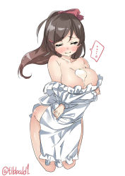 Rule 34 | ..., 10s, 1girl, apron, artist name, blush, breast hold, breasts, brown hair, commentary request, cropped legs, ebifurya, closed eyes, food on body, hair ornament, hair ribbon, hairclip, highres, kantai collection, kappougi, large breasts, leaning forward, long hair, long sleeves, mamiya (kancolle), naked apron, off shoulder, pursed lips, ribbon, simple background, solo, spoken ellipsis, standing, tears, twitter username, white background