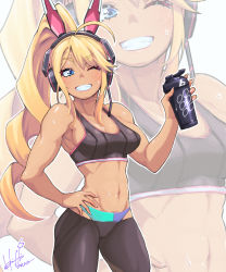 Rule 34 | ahoge, blonde hair, blue eyes, blush, bottle, breasts, cleavage, commentary request, curly hair, hand on own hip, headset, highres, holding, holding bottle, hori shin, long hair, looking at viewer, medium breasts, muscular, muscular female, one eye closed, original, pants, ponytail, signature, smile, sports bra, sports drink, sweat, tsurime, yoga pants, zoom layer