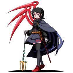 Rule 34 | 1girl, alternate costume, asymmetrical wings, black cape, black dress, black hair, black neckwear, black thighhighs, cape, commentary request, dress, full body, gloves, highres, houjuu nue, kikoka (mizuumi), looking at viewer, pointy ears, polearm, red eyes, short hair, simple background, smile, snake, solo, standing, thighhighs, touhou, trident, weapon, white background, white gloves, wings, zettai ryouiki
