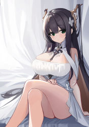 Rule 34 | 1girl, absurdres, bare shoulders, bed sheet, black hair, blush, breasts, closed mouth, commentary request, copyright request, crossed legs, curtains, dress, elbow gloves, feet out of frame, flower, gloves, green eyes, hair between eyes, hair flower, hair ornament, highres, komi (komiking), large breasts, long hair, looking at viewer, sitting, sleeveless, sleeveless dress, solo, very long hair, white dress, white flower, white gloves
