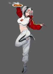 Rule 34 | 1girl, :d, absurdres, animal ears, arknights, arm up, black footwear, black hair, breasts, chopsticks, crop top, feater (arknights), feater (gourmet) (arknights), grey background, grey hair, highres, holding, holding chopsticks, holding plate, large breasts, looking at viewer, maria (syake-uni), medium hair, midriff, navel, official alternate costume, open mouth, orange eyes, panda ears, pants, plate, shirt, shoes, simple background, smile, solo, standing, standing on one leg, stomach, t-shirt, twintails, white pants, white shirt