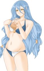 Rule 34 | 1girl, azura (fire emblem), bare shoulders, bikini, blue hair, blush, breast padding, breasts, collarbone, curvy, fire emblem, fire emblem fates, fire emblem heroes, frown, hair between eyes, hair ornament, highres, light blue hair, light blush, long hair, looking at breasts, navel, nintendo, parted lips, small breasts, solo, swimsuit, thighs, transparent background, tridisart, very long hair, yellow eyes