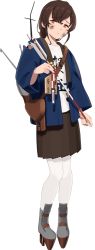 Rule 34 | 1girl, arrow (projectile), bag, braid, brown hair, brown skirt, dirty, dirty face, ema, full body, hamaya, happi, holding, holding arrow, japanese clothes, kantai collection, long hair, messenger bag, new year, official art, orange eyes, pantyhose, shibafu (glock23), shirt, shoulder bag, single braid, skirt, solo, souya (kancolle), standing, t-shirt, third-party source, torn clothes, transparent background, white pantyhose, white shirt, zoom layer