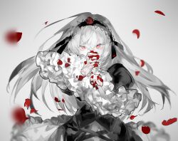 1girl absurdres black_dress black_hairband chinese_commentary commentary dress falling_petals flower frills gothic_lolita grey_hair hairband highres holding holding_flower lolita_fashion long_hair long_sleeves looking_at_viewer petals red_eyes red_flower red_petals red_rose rose rozen_maiden simple_background solo suigintou upper_body yisi_ww