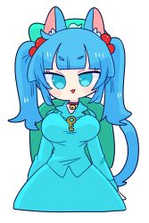 Rule 34 | 1girl, :3, animal ears, backpack, bag, bell, blue eyes, blue hair, blue shirt, blue skirt, cat ears, cat tail, choker, collared shirt, flat cap, green hat, hair bobbles, hair ornament, hat, highres, jingle bell, kawashiro nitori, long sleeves, medium hair, op na yarou, shirt, short twintails, sidelocks, simple background, skirt, skirt set, solo, tail, touhou, twintails, two side up, white background
